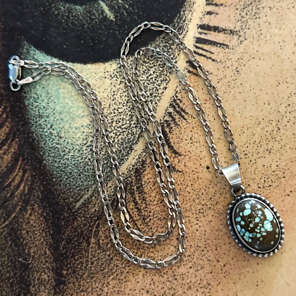Signed Scott Skeets Navajo Kingman Turquoise Pendant Necklace Sterling Silver - Picture 3 of 8